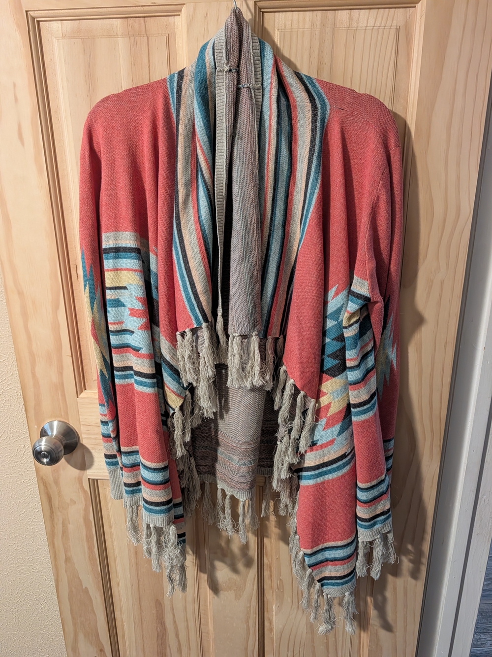 Striped Coral Fringe Open-Front Poncho Shrug